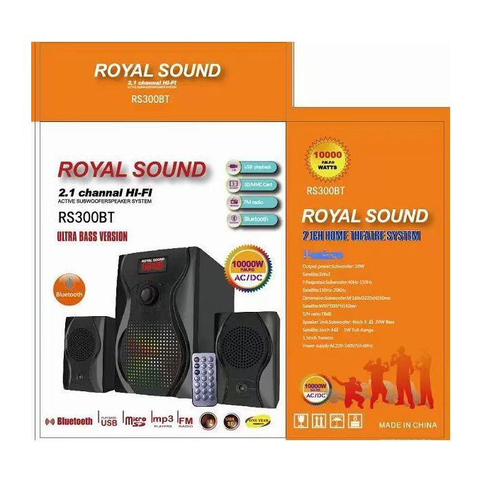 Royal Sound 2.1CH RS300BT HiFi Music System | 10,000W PMPO | Bluetooth | USB | FM | Remote Control | Black