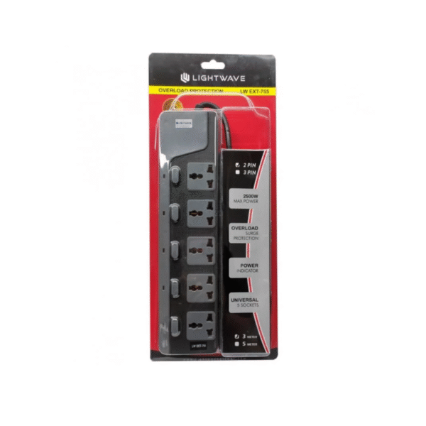 Lightwave Extension Socket 5 Way | 3 Metres | Power Indicator | Overload & Surge Protection | 2500W Max Power