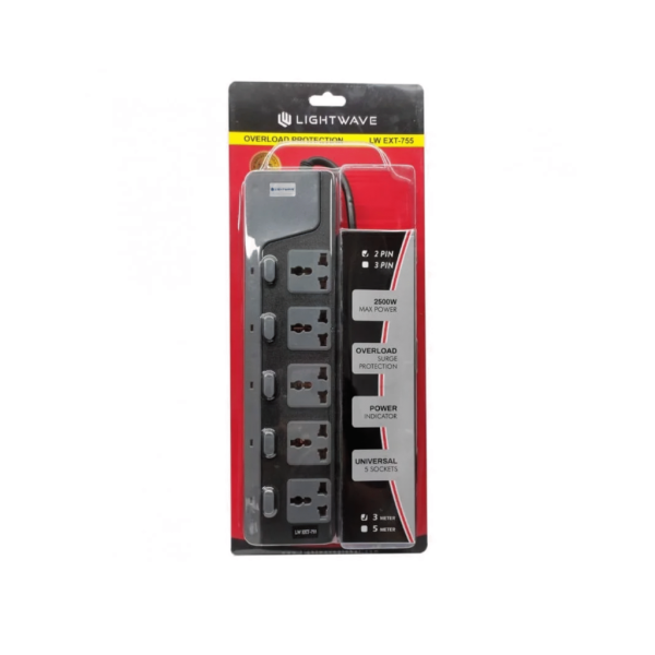 Lightwave Extension Socket 5 Way | 3 Metres | Power Indicator | Overload & Surge Protection | 2500W Max Power