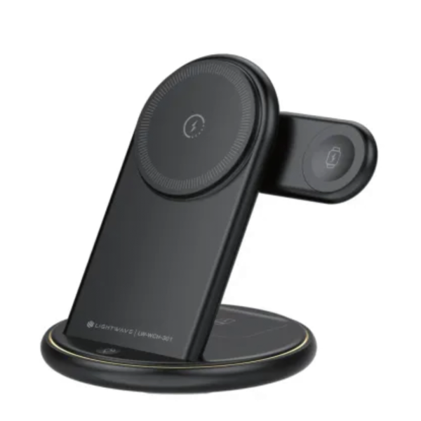 Lightwave 3-in-1 Wireless Charger – For Phones, Smartwatch & Earbuds | Fast Charging | Magnetic Stand |
